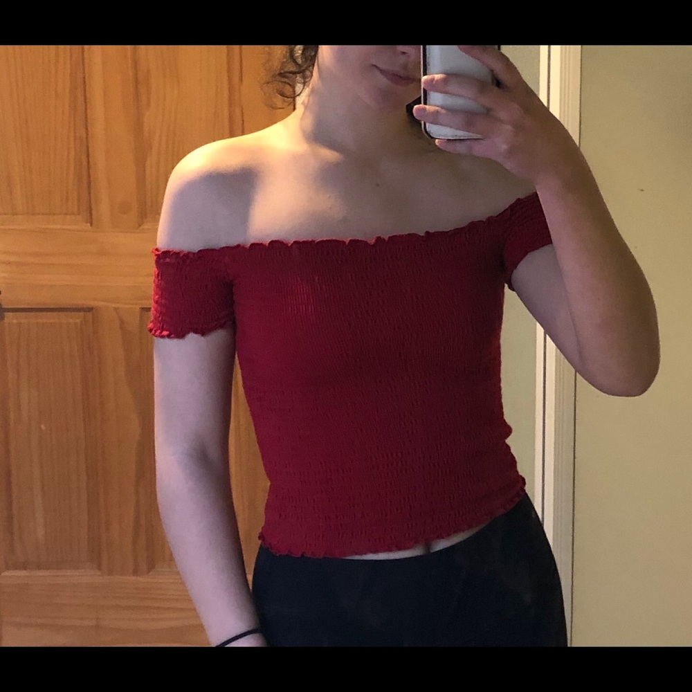 Red Ruffle Hollister Off the Shoulder Cropped Top